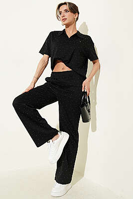 Gömlek Yaka Loyşa Taşlı T-shirt Takım Siyah - Kadın Giyim Modelleri