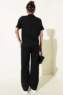 Gömlek Yaka Loyşa Taşlı T-shirt Takım Siyah - Kadın Giyim Modelleri