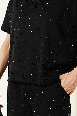 Gömlek Yaka Loyşa Taşlı T-shirt Takım Siyah - Kadın Giyim Modelleri