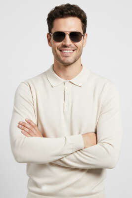 Gömlek Yaka Merserize Triko Erkek Kazak Bej - Erkek Kazak