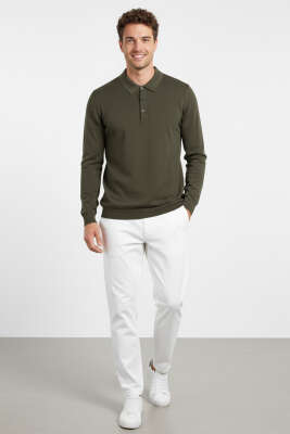 Gömlek Yaka Merserize Triko Erkek Kazak Haki - Erkek Kazak