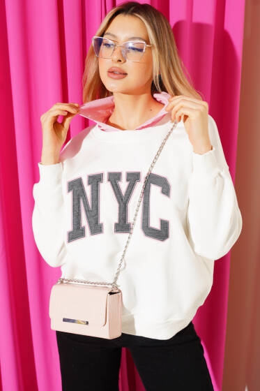 Gömlek Yaka NYC Baskılı Şardonlu Sweatshirt Ekru - Kadın Giyim Modelleri