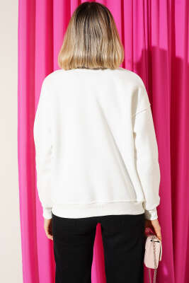 Gömlek Yaka NYC Baskılı Şardonlu Sweatshirt Ekru - Kadın Giyim Modelleri