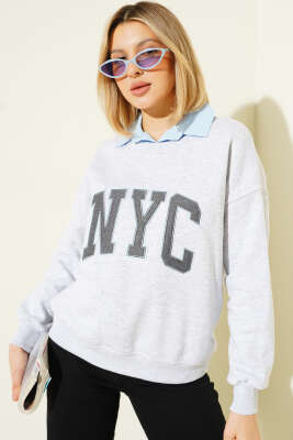 Gömlek Yaka NYC Baskılı Şardonlu Sweatshirt Gri - DİVON