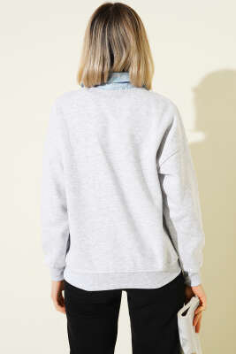 Gömlek Yaka NYC Baskılı Şardonlu Sweatshirt Gri - Kadın Giyim Modelleri