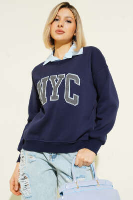 Gömlek Yaka NYC Baskılı Şardonlu Sweatshirt Lacivert - Kadın Giyim Modelleri