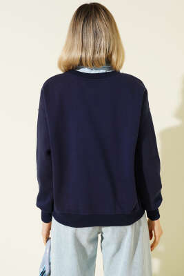 Gömlek Yaka NYC Baskılı Şardonlu Sweatshirt Lacivert - Kadın Giyim Modelleri