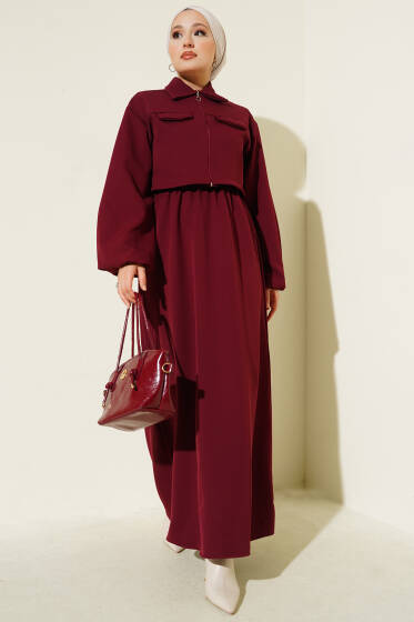 Gömlek Yaka Önü Fermuarlı Jile Takım Bordo - İkili Takım