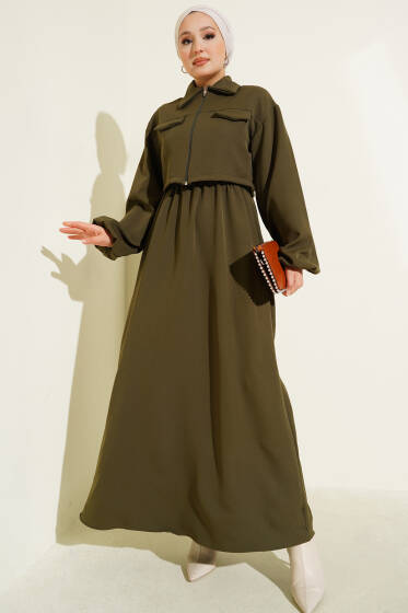 Gömlek Yaka Önü Fermuarlı Jile Takım Haki - İkili Takım