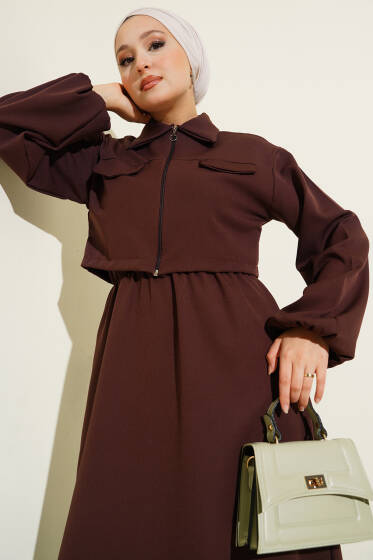 Gömlek Yaka Önü Fermuarlı Jile Takım Kahve - İkili Takım