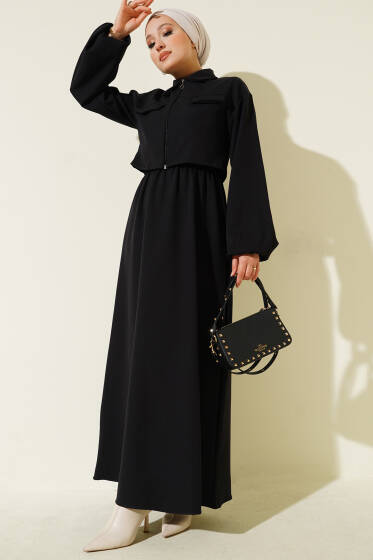 Gömlek Yaka Önü Fermuarlı Jile Takım Siyah - İkili Takım