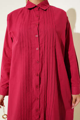 Gömlek Yaka Önü Pileli Elbise Lacivert Bordo - 500-700 TL Ürünler
