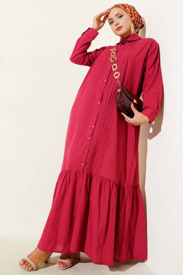 Gömlek Yaka Önü Pileli Elbise Lacivert Bordo - Elbise