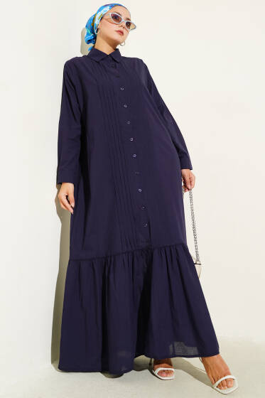 Gömlek Yaka Önü Pileli Elbise Lacivert - Elbise