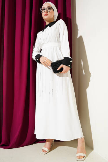 Gömlek Yaka Önü Taşlı Elbise Beyaz - Elbise