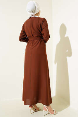 Gömlek Yaka Önü Taşlı Elbise Kahve - Tesettür Elbise