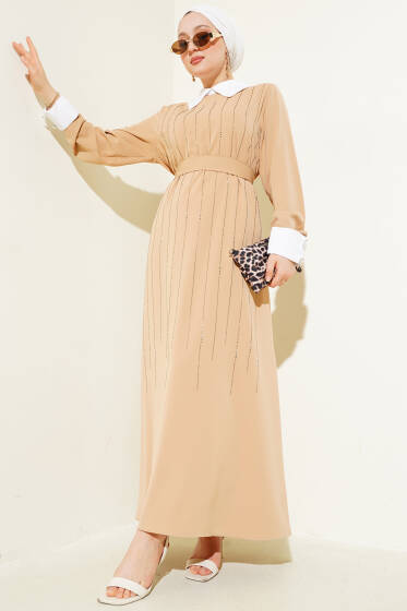 Gömlek Yaka Önü Taşlı Elbise Latte - Elbise