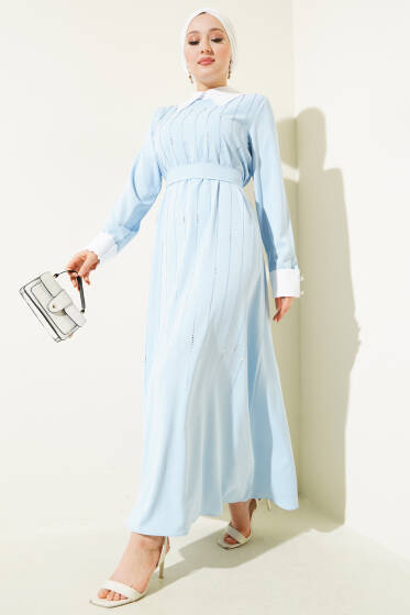 Gömlek Yaka Önü Taşlı Elbise Mavi - Elbise