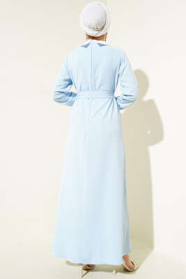 Gömlek Yaka Önü Taşlı Elbise Mavi - Tesettür Elbise