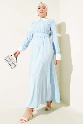 Gömlek Yaka Önü Taşlı Elbise Mavi 