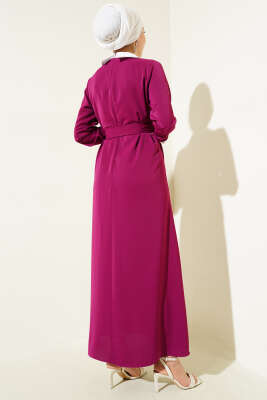 Gömlek Yaka Önü Taşlı Elbise Menekşe - Tesettür Elbise