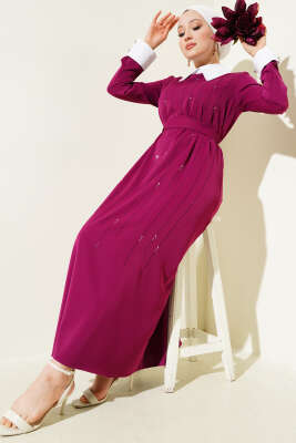 Gömlek Yaka Önü Taşlı Elbise Menekşe 