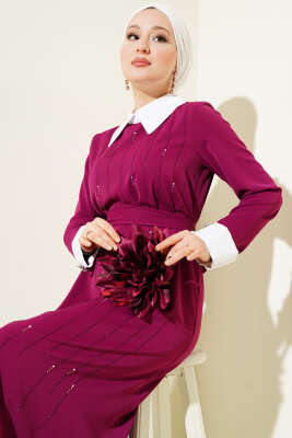 Gömlek Yaka Önü Taşlı Elbise Menekşe - Tesettür Elbise