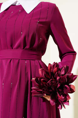 Gömlek Yaka Önü Taşlı Elbise Menekşe - Tesettür Elbise