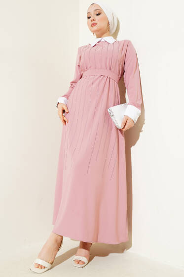 Gömlek Yaka Önü Taşlı Elbise Pudra - Elbise