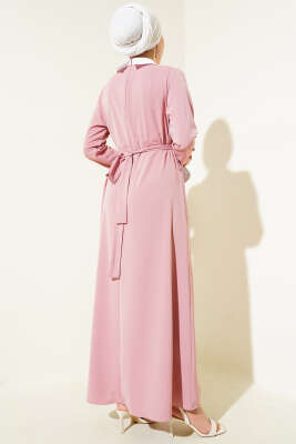 Gömlek Yaka Önü Taşlı Elbise Pudra - Tesettür Elbise
