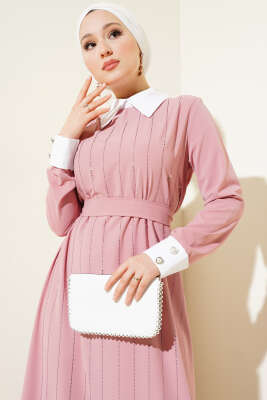 Gömlek Yaka Önü Taşlı Elbise Pudra - Tesettür Elbise