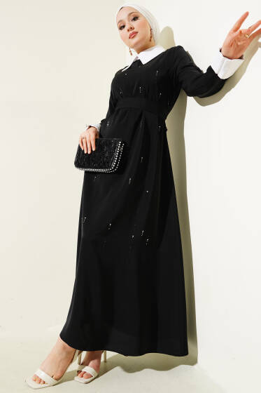 Gömlek Yaka Önü Taşlı Elbise Siyah - Elbise