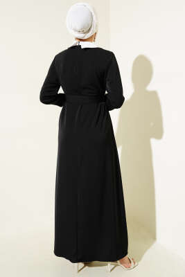 Gömlek Yaka Önü Taşlı Elbise Siyah - Tesettür Elbise