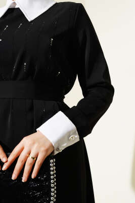 Gömlek Yaka Önü Taşlı Elbise Siyah - Tesettür Elbise