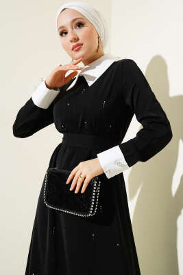 Gömlek Yaka Önü Taşlı Elbise Siyah - Tesettür Elbise