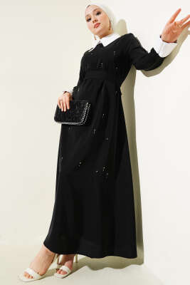 Gömlek Yaka Önü Taşlı Elbise Siyah 