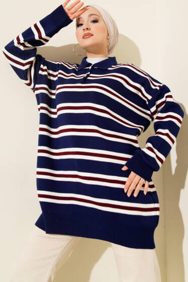 Gömlek Yaka Oversize Çizgili Triko Tunik Lacivert - Tunik