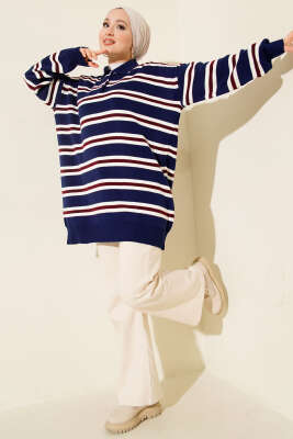 Gömlek Yaka Oversize Çizgili Triko Tunik Lacivert - Tunik