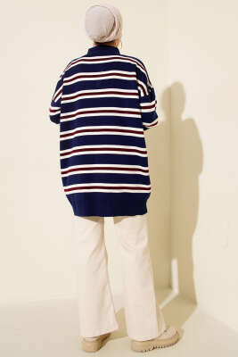 Gömlek Yaka Oversize Çizgili Triko Tunik Lacivert - Tunik