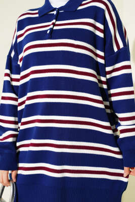 Gömlek Yaka Oversize Çizgili Triko Tunik Lacivert - Tunik
