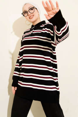 Gömlek Yaka Oversize Çizgili Triko Tunik Siyah 