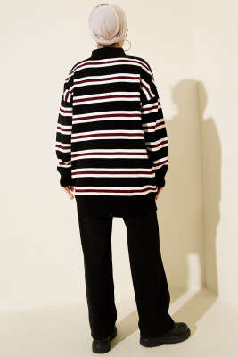 Gömlek Yaka Oversize Çizgili Triko Tunik Siyah - Tunik