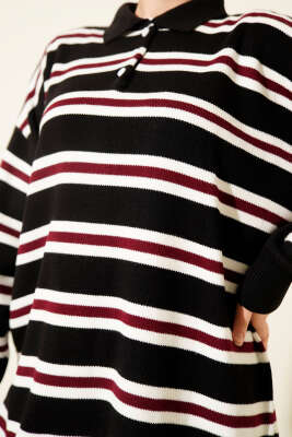 Gömlek Yaka Oversize Çizgili Triko Tunik Siyah - Tunik