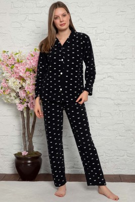 Gömlek Yaka Peluş Pijama Takımı Siyah - İKİLİ TAKIM