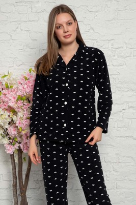 Gömlek Yaka Peluş Pijama Takımı Siyah - İKİLİ TAKIM