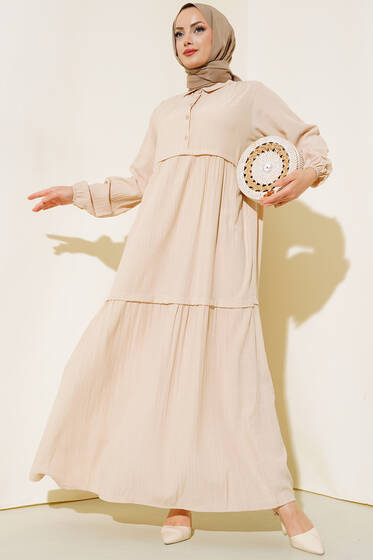 Gömlek Yaka Pileli Elbise Bej - Tesettür Elbise