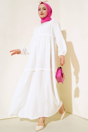 Gömlek Yaka Pileli Elbise Beyaz - Tesettür Elbise
