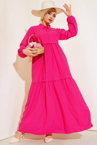 Gömlek Yaka Pileli Elbise Fuşya - Tesettür Elbise