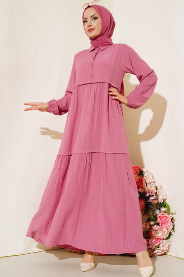 Gömlek Yaka Pileli Elbise Gül Kurusu - Tesettür Elbise