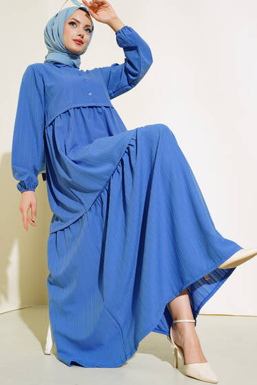 Gömlek Yaka Pileli Elbise İndigo - Tesettür Elbise